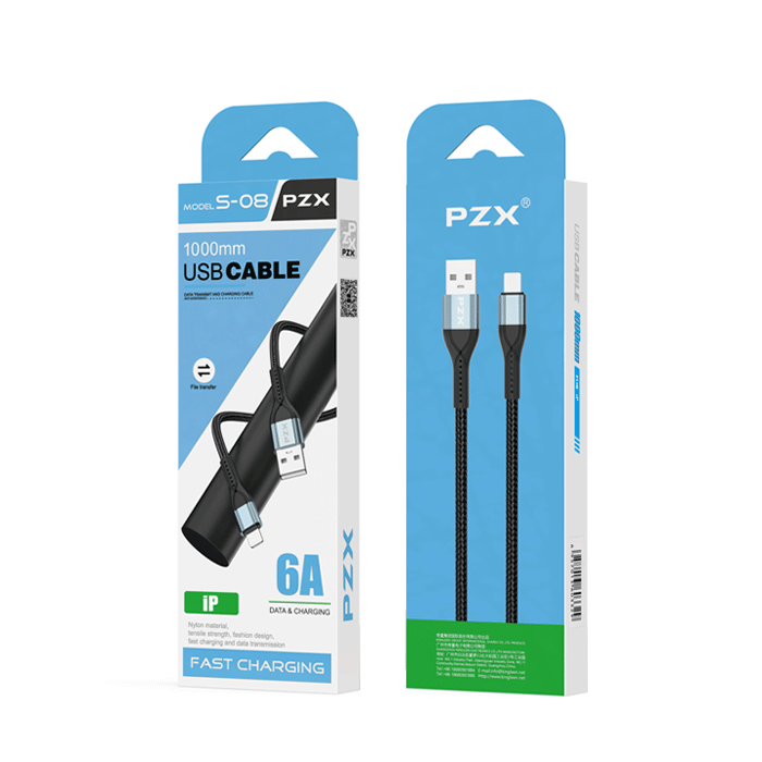 PZX S-08 Charging And DATA 1M CABLE USB Το Lightning 6A - Color: Black