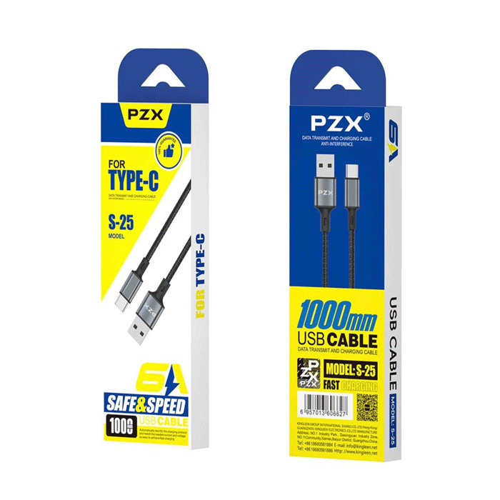 PZX S-25 Fast Charging And DATA 1M CABLE USB Το Type-C 6A - Color: Black