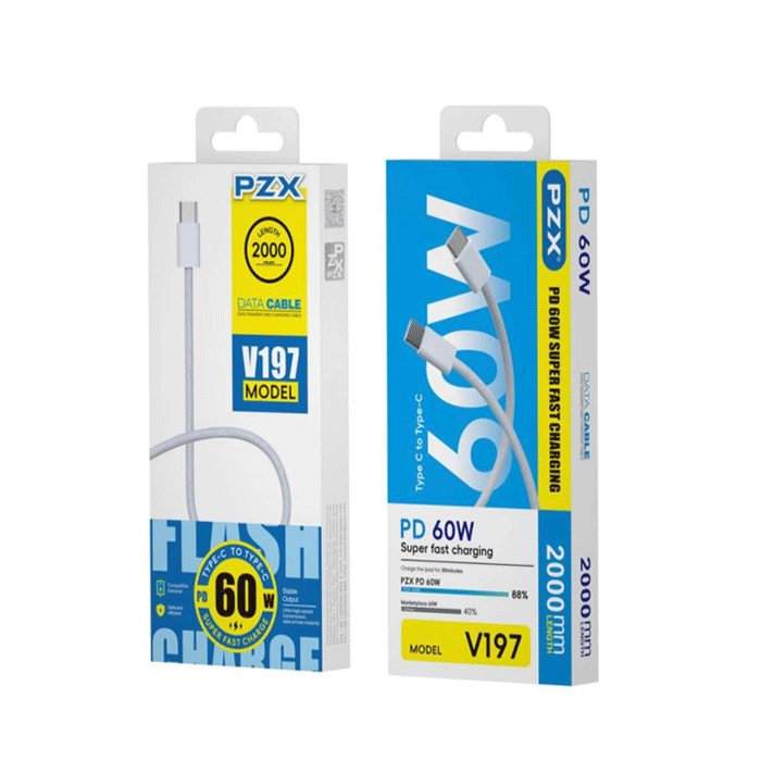 PZX V197 Super Fast Charging And DATA 2M CABLE Type-C Το Type-C 60W - Color: White