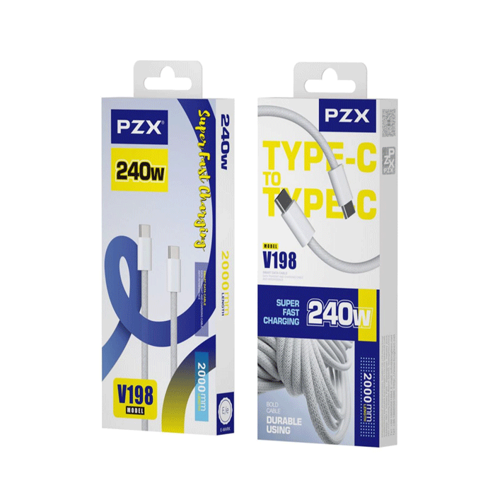 PZX V198 Super Fast Charging And DATA 2M CABLE Type-C Το Type-C 240W - Color: White